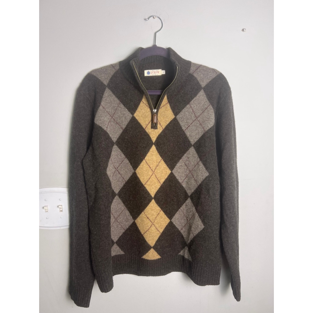 J.Crew Lambswool Argyle Sweater Mens L Brown Quarter Zip Pullover Preppy Wool